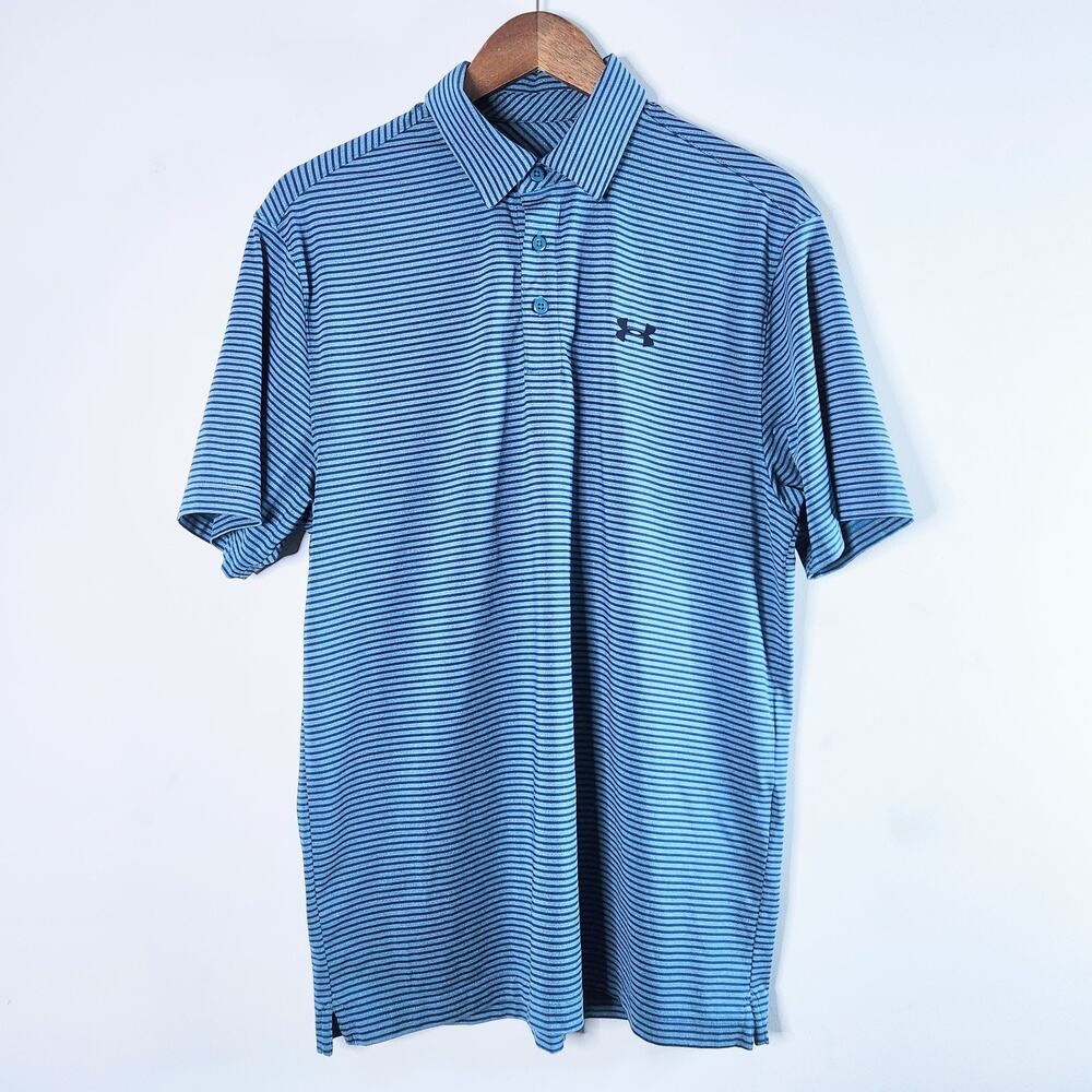 Under Armour Mens Blue Performance Striped Polo Shirt Size Large Golf Casual